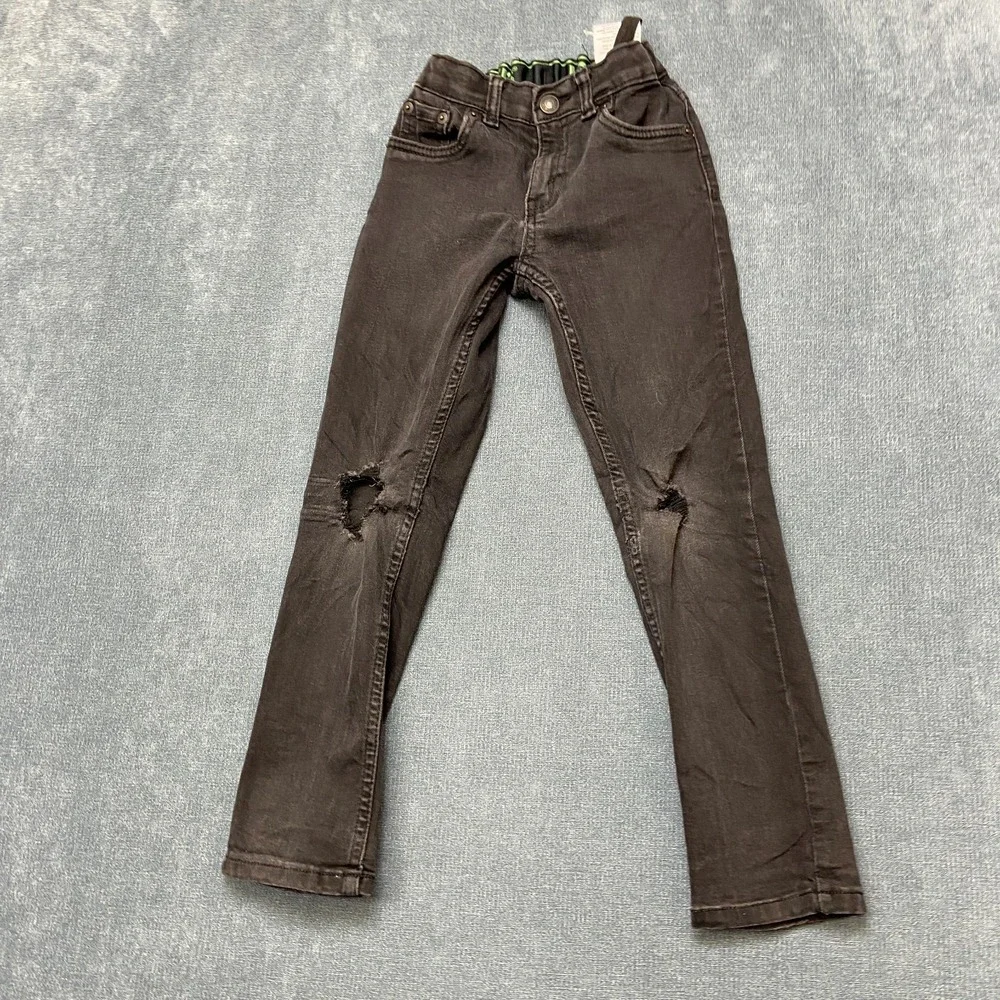 Levi's 511 Slim Fit Jeans Boys 7 Black Dark Wash Adjustable Waist Distressed.